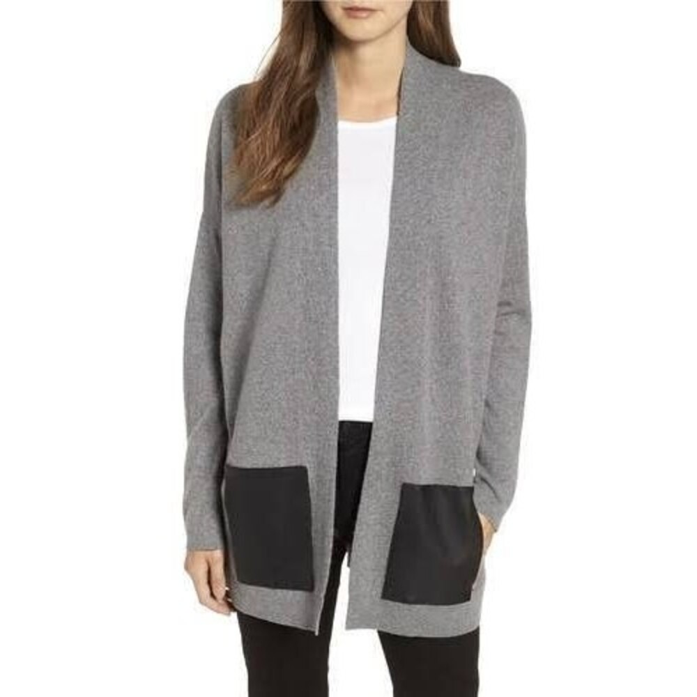 Eileen Fisher Cashmere Long Cardigan Gray Open Front Leather Pockets Size Medium